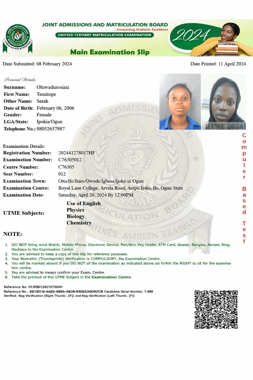 JAMB Result Printout (Coloured PDF)