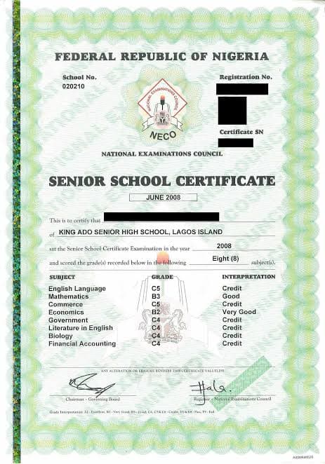 NECO ORIGINAL CERTIFICATE product image